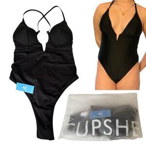 NEW Cupshe SWIMSUIT Women's LG Deep V-Wire Cross Back Cheeky One Piece Swimsuit